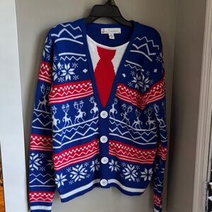 Holiday Tacky Christmas Reindeer Sweater - Blue and Red Fair Isle Snowflake